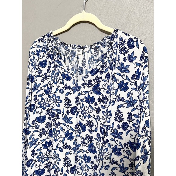Gap Womens Blue White Floral Ruffle Neck Blouse Long Sleeve Rayon V-Neck Large - Picture 5 of 12